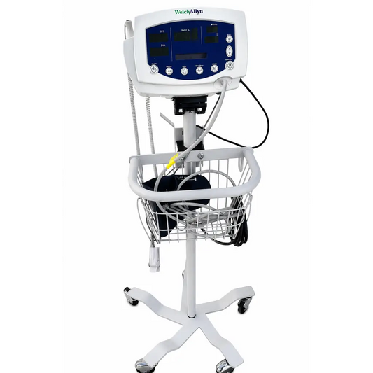 White welch allyn vital signs monitor on rolling stand with wire basket holding cables and equipment