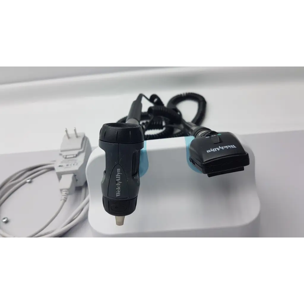 Black welch allyn wall transformer diagnostic set with textured grip coiled cable for otoscope ophthalmoscope use