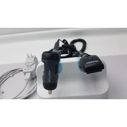 Black welch allyn wall transformer diagnostic set with textured grip coiled cable for otoscope ophthalmoscope use