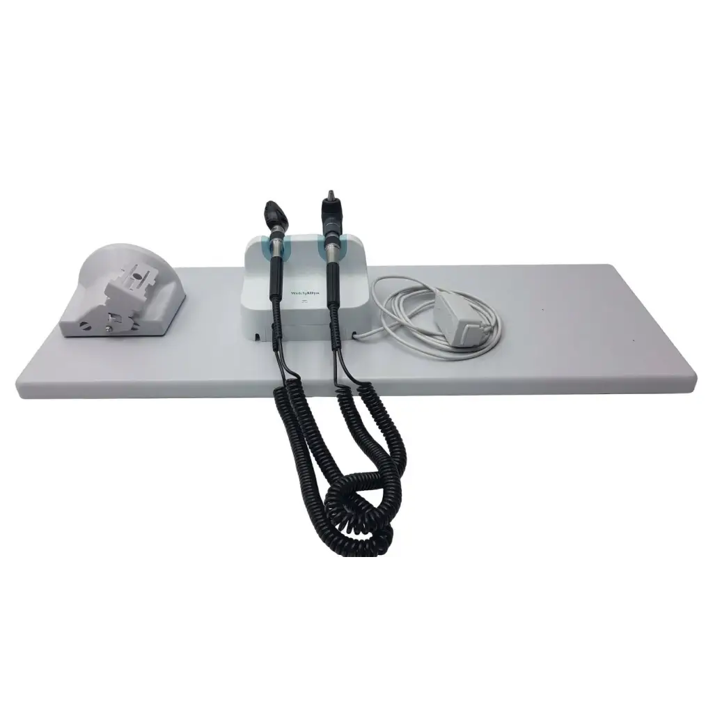 Medical examination kit with two black otoscopes coiled cords white ear headpiece and wall transformer diagnostic set by welch allyn
