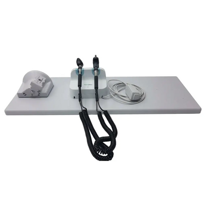 Medical examination kit with two black otoscopes coiled cords white ear headpiece and wall transformer diagnostic set by welch allyn