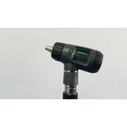 Black and silver Welch Allyn wall transformer otoscope with green illuminated indicator light on handle for medical use
