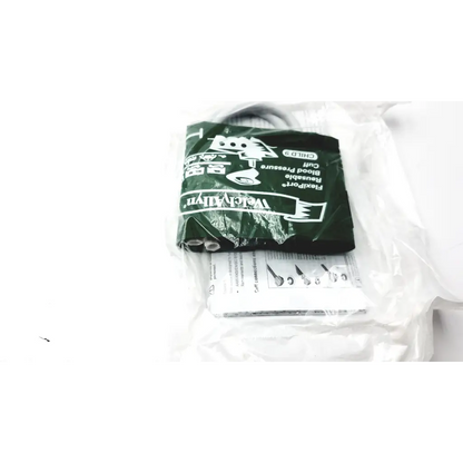 A green plastic-wrapped WelchAllyn blood pressure reusable cuff with white text and diagrams for pressure monitoring