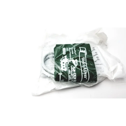 White welchallyn blood pressure reusable cuff wrapped in clear plastic with green vedalivn label pressure reusable cuff