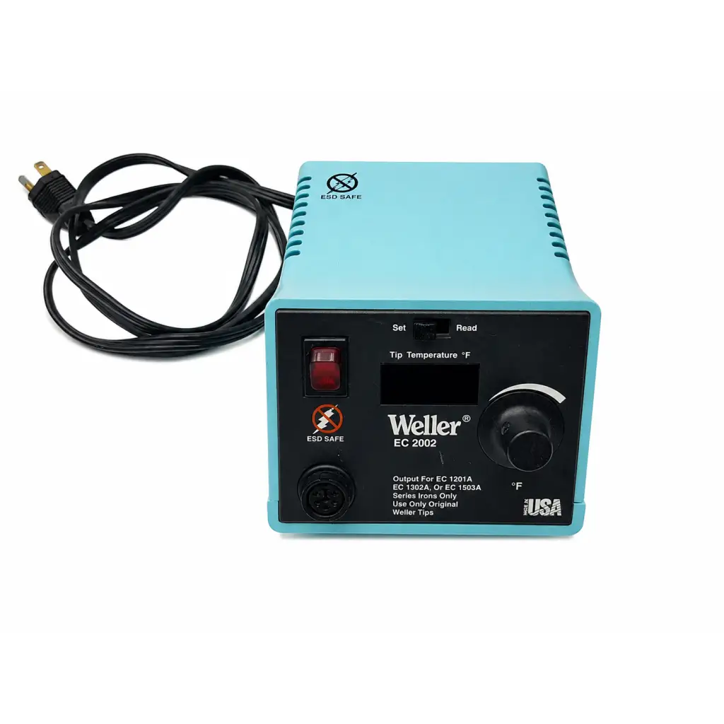 Light blue Weller EC 2002 soldering station power unit with black control panel and temperature display