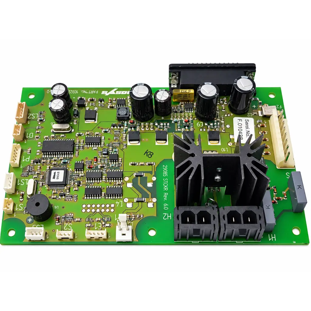 Green control pcb circuit module with black capacitors and heat sink weso basys control pcb board rev 6.0