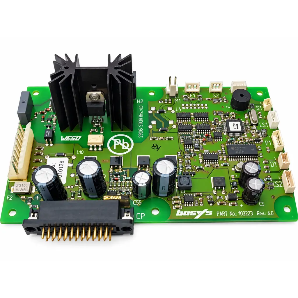 Weso basys control green control pcb board with black capacitors heat sink and electronic components circuit module