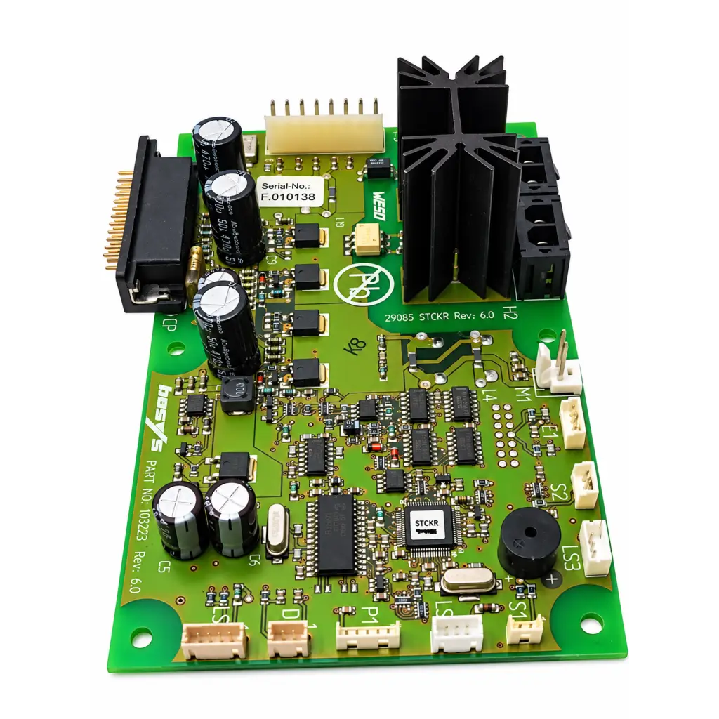 Weso Basys control green circuit module pcb board with black capacitors connectors and heat sink Rev 6.0 P/N 103223