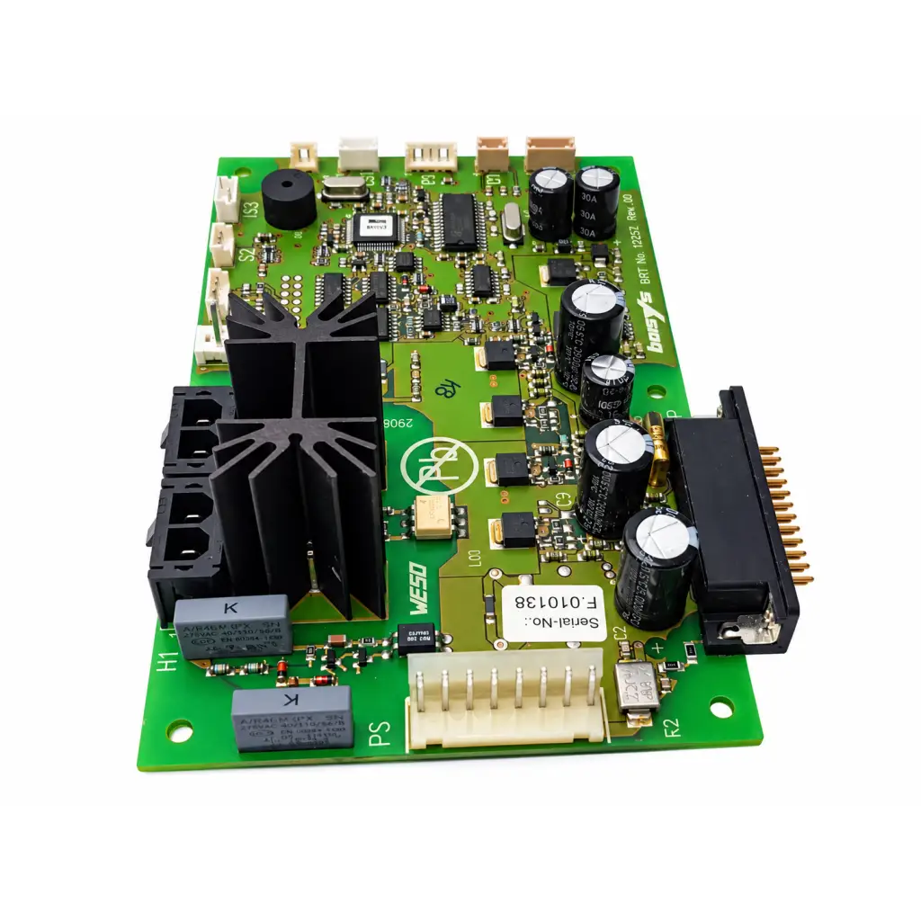 Green control pcb circuit module with black capacitors and heat sinks weso basys control pcb board rev 6.0
