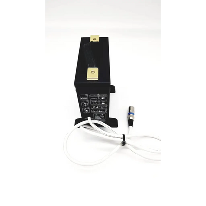 Black rectangular wheelchair battery charger model 4c24080a 8amp 24v with gold metal handles and white cable with silver connector