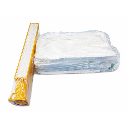 Yellow plastic vacuum-sealed storage bag with clear lid and white lining for windsor karcher hepa filter kit