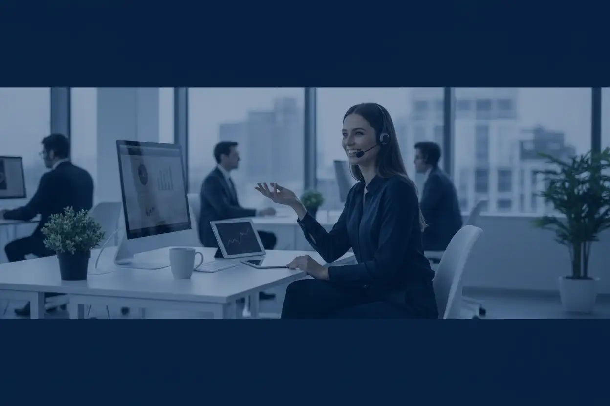 Woman in dark business attire wearing a headset while seated at an office desk