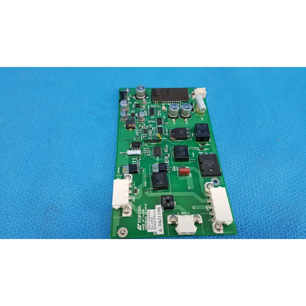 Green power circuit board with electronic components and white connectors for topcon trc-nw6sf retinal camera