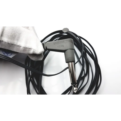 Ysi 409b probe with black coiled audio cable and gray 90-degree angled connector with silver-plated tip and serial numbers