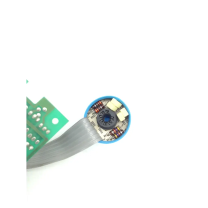 Blue circular electronic board bbca1-6 127231nj with visible circuitry and flexible gray ribbon cable attached z-axis 320154001 rev a