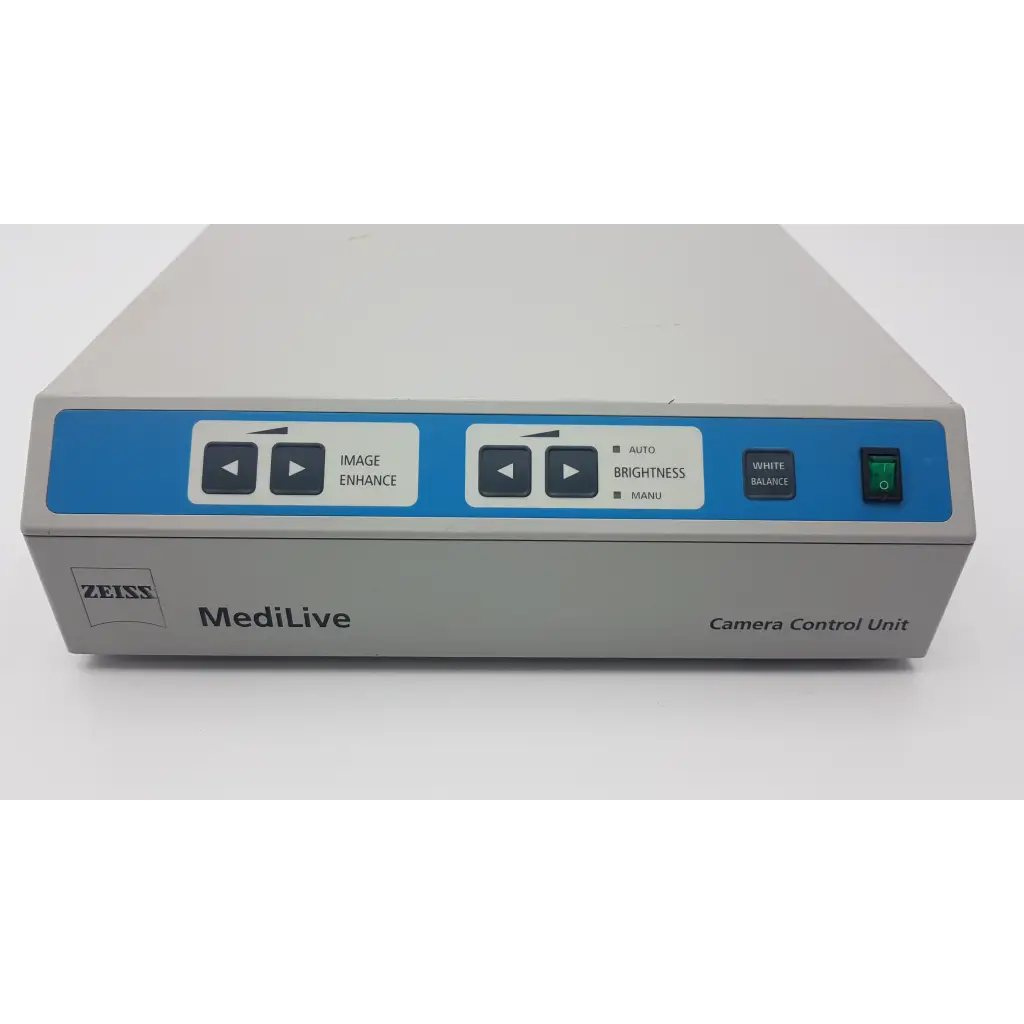 Gray zeiss medilive camera control unit with blue panel featuring buttons for image enhance brightness and white balance