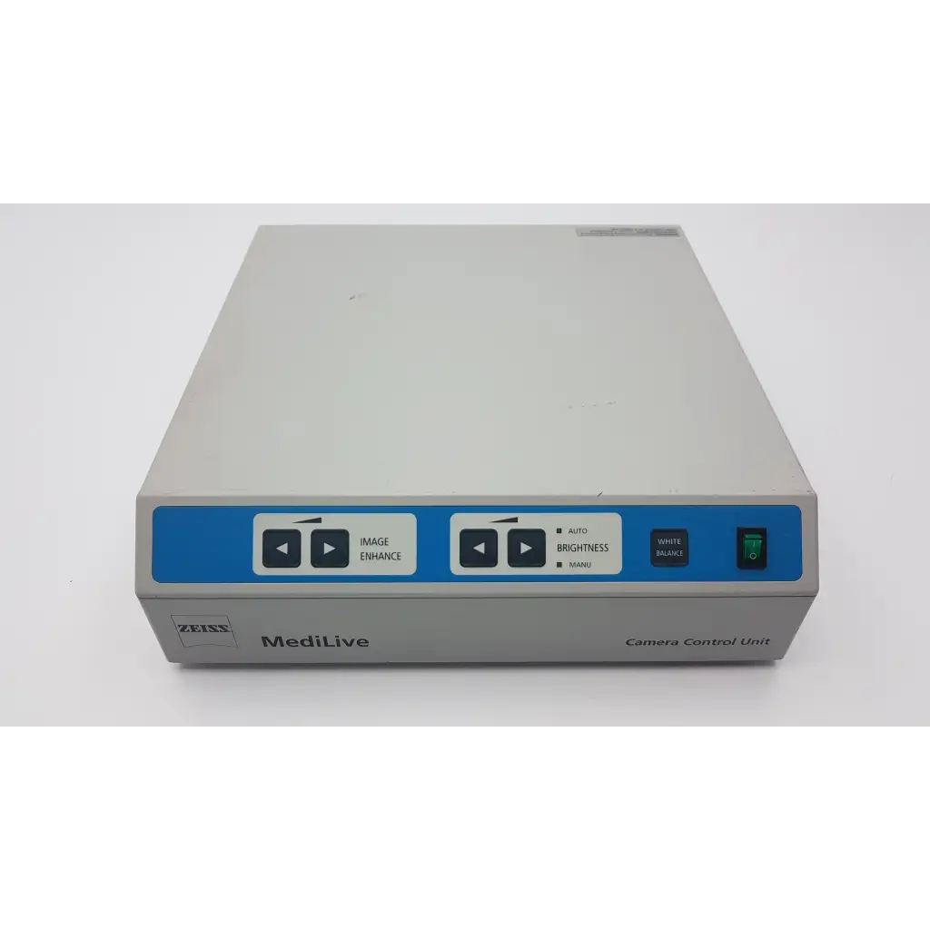 Gray zeiss medilive camera control unit with blue panel featuring buttons for image enhance brightness and white balance