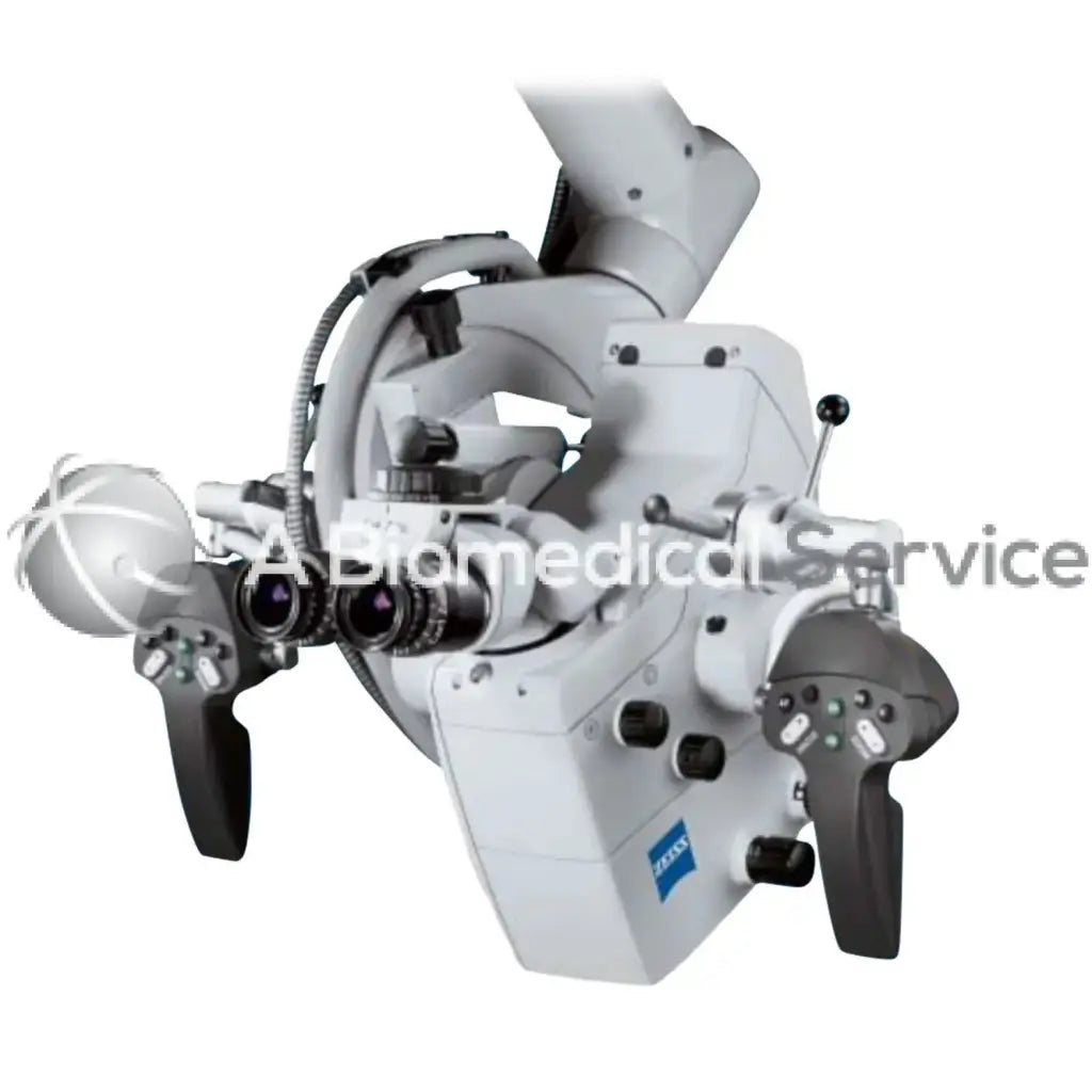 White and gray zeiss nc-4 surgical microscope with articulated arms multiple lenses and control handles for precision use