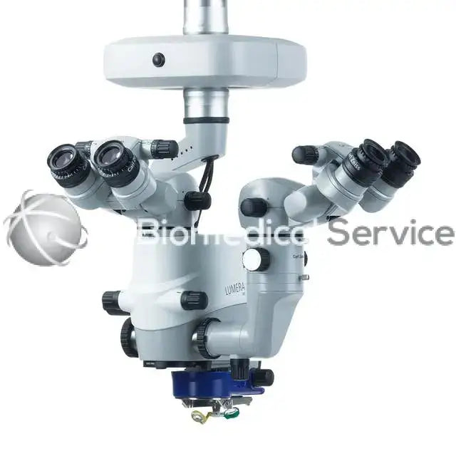 Zeiss opmi lumera 300 surgical microscope in silver and gray with multiple eyepieces and adjustable arms