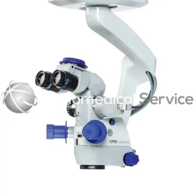 White and blue Zeiss OPMI LUMERA surgical microscope with articulated arm and dual eyepieces for medical use