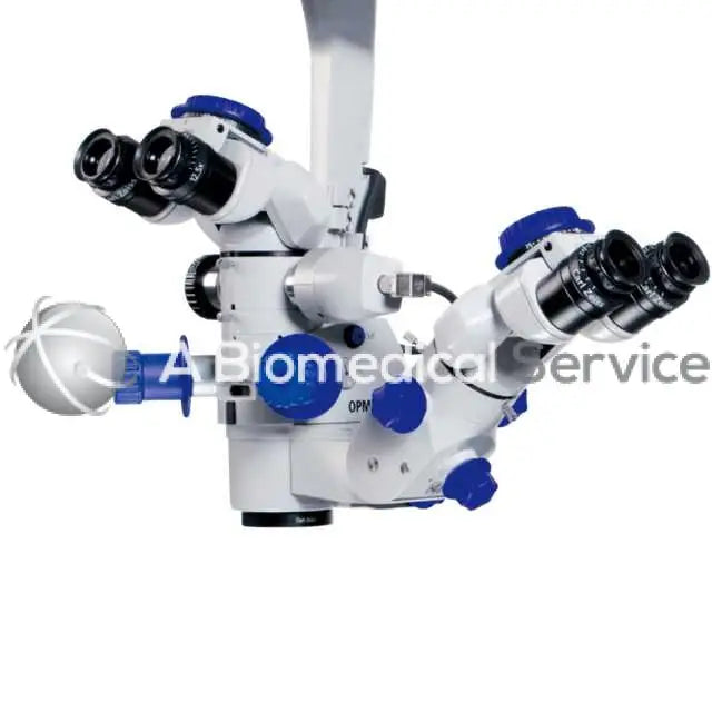 Zeiss OPMI Lumera T white and blue surgical microscope with dual eyepieces and adjustable arms for precision exams