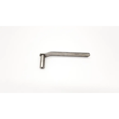 Silver metallic l-shaped angled drill guide wrench with cylindrical handle and flat elongated arm for precise drilling