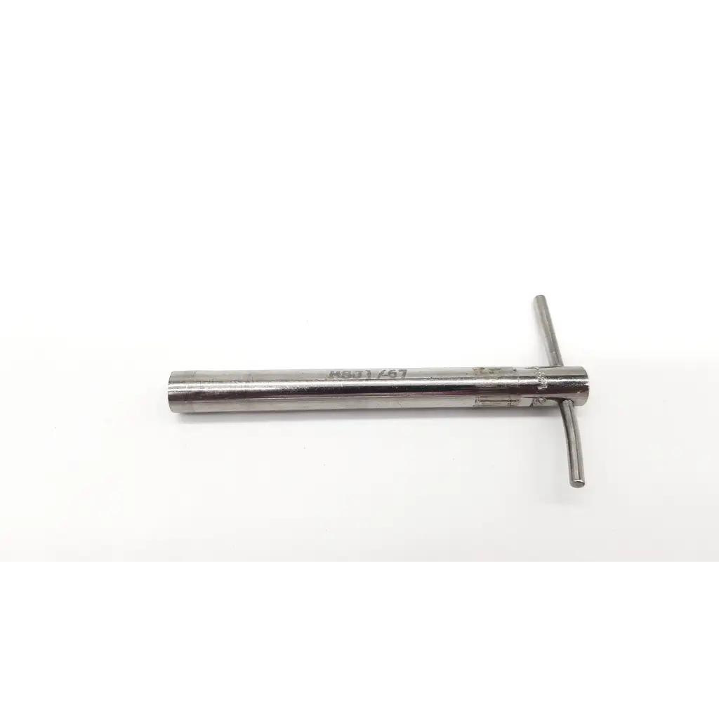 Silver metal knowles pin wrench cannulated t-handle tool with engraved markings on cylindrical body for precise use