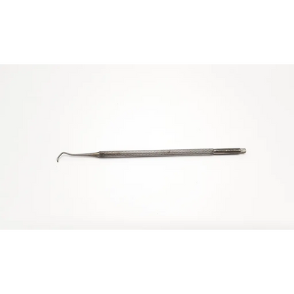 Silver metal sharp hook da54-218 dental instrument with textured grip and curved tip by Zimmer 2446-39
