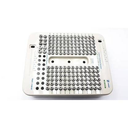 White plastic tray with organized metallic 4.5mm compression hip screws in various sizes from zimmer hip screws kit