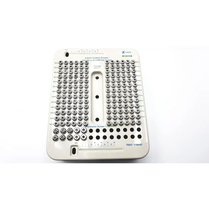 White plastic tray with organized rows of metallic 4.5mm cortical compression hip screws in zimmer hip screws kit