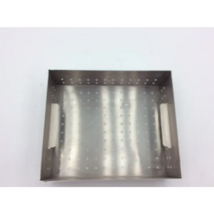 Rectangular stainless steel steamer basket with perforated sides and handles for zimmer hall autoclave case aci-71