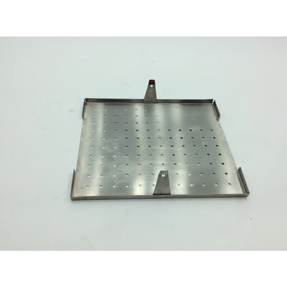 Stainless steel perforated tray with red-tipped handle and triangular cutouts for zimmer hall autoclave case aci-71