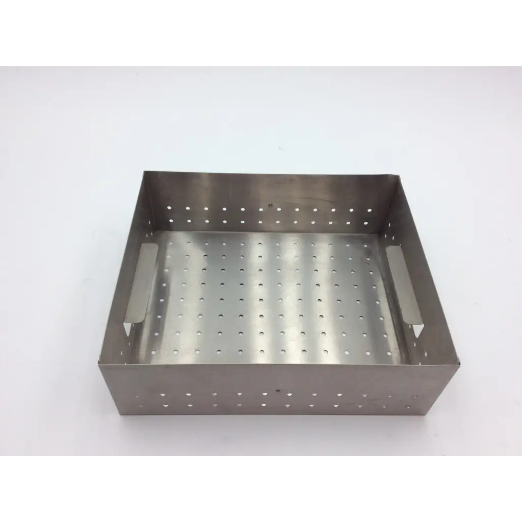 Rectangular stainless steel perforated tray with integrated side handles for zimmer hall autoclave case aci-71