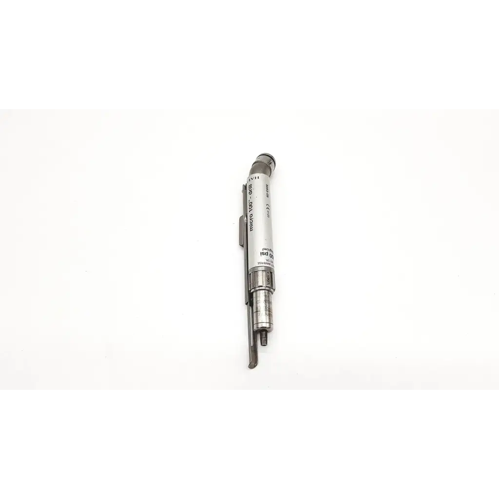 Silver metallic pressure gauge with black markings on zimmer hall micro 100 drill medical instrument cylindrical body