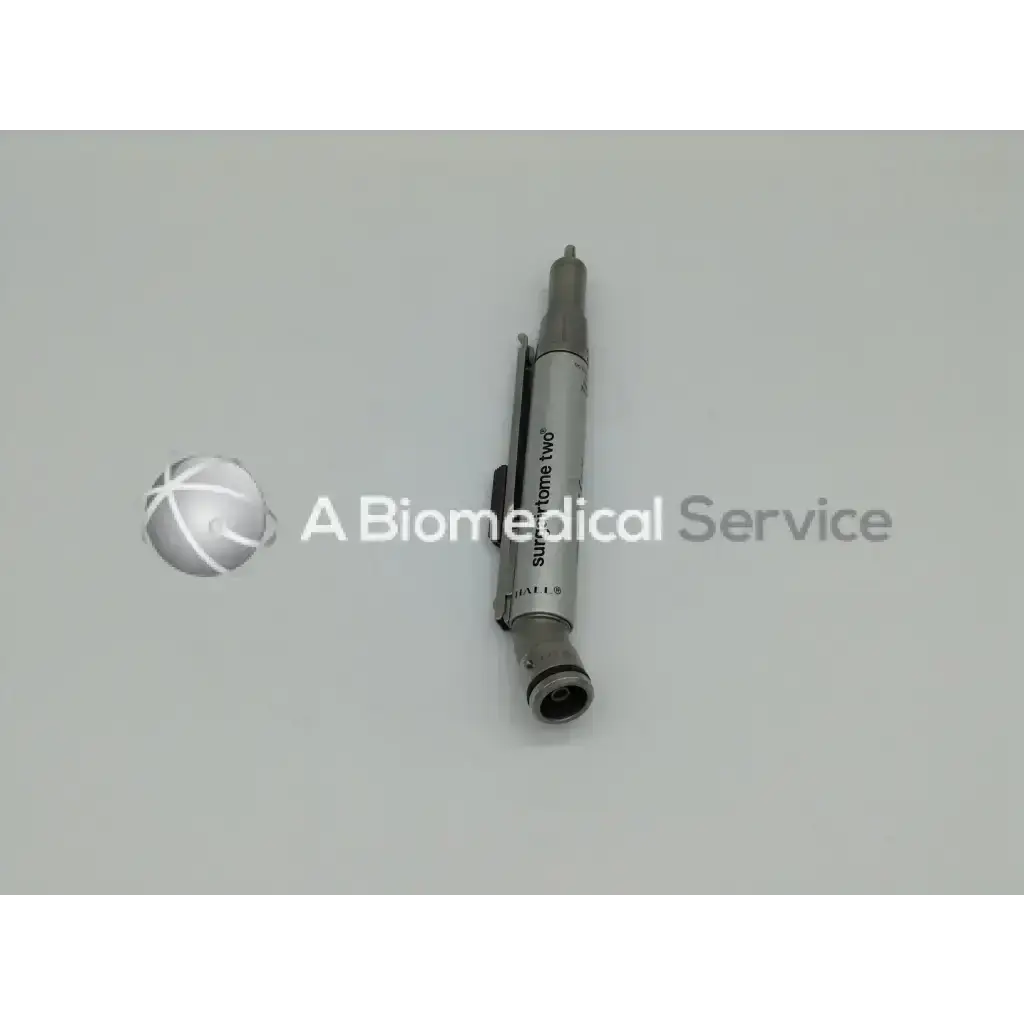 Silver metallic surgairtome two surgical instrument with cylindrical body and threaded ends in zimmer linvatec hall set