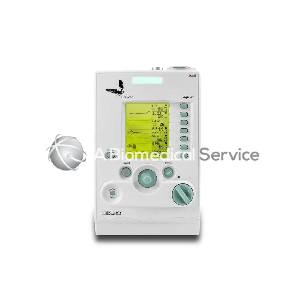 White Zoll Eagle II medical device with green lcd screen displaying vital signs and teal buttons and knobs