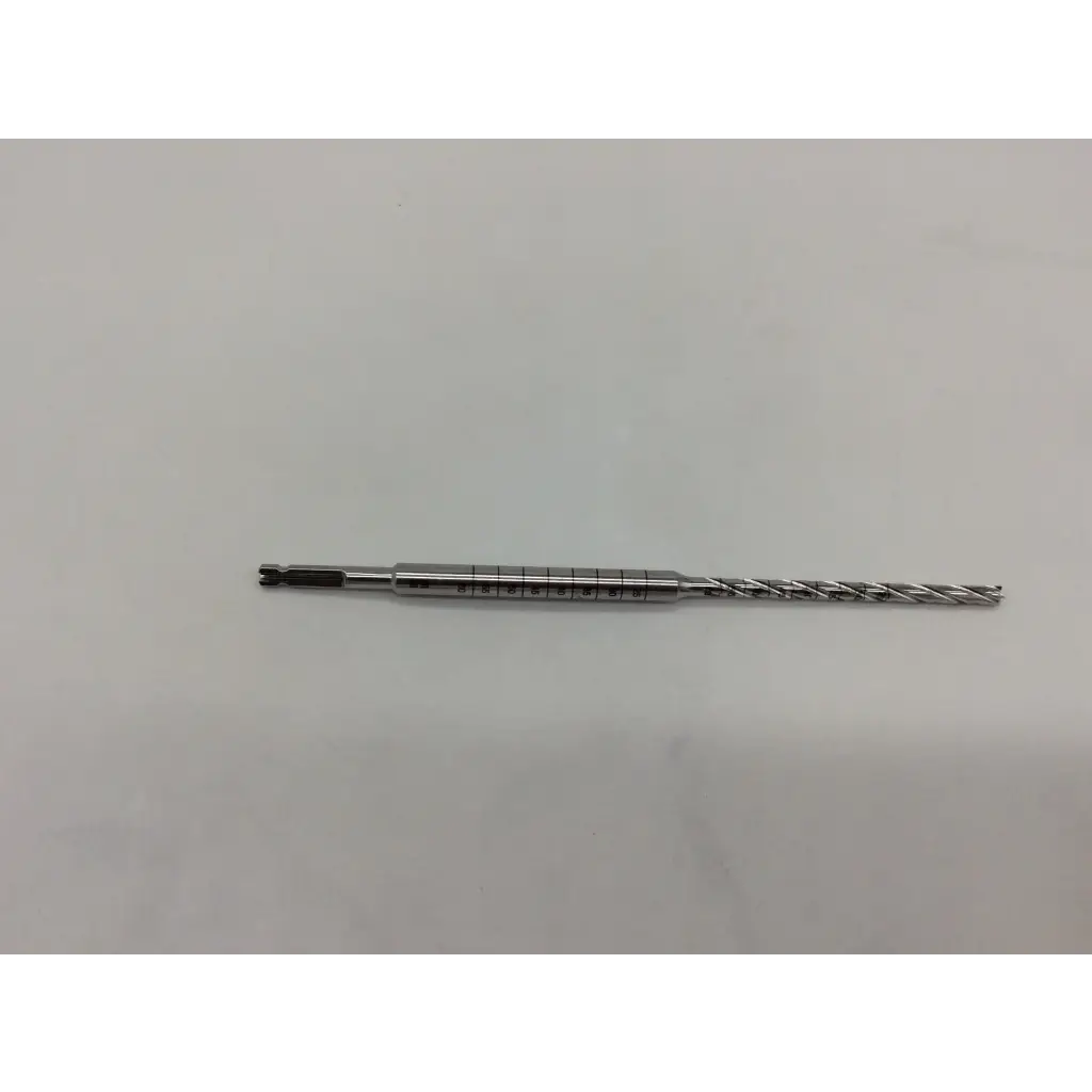 Silver metal acutrack cannulated long drill bit with spiral flute and engraved measurement markings