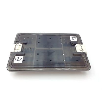 Black translucent plastic tray with white numbered labels and metal clasps in ascension forefoot set csa-800-01 set
