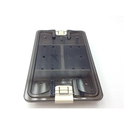 Dark gray translucent plastic dustbin lid with white latches and compartments for ascension forefoot set CSA-800-01