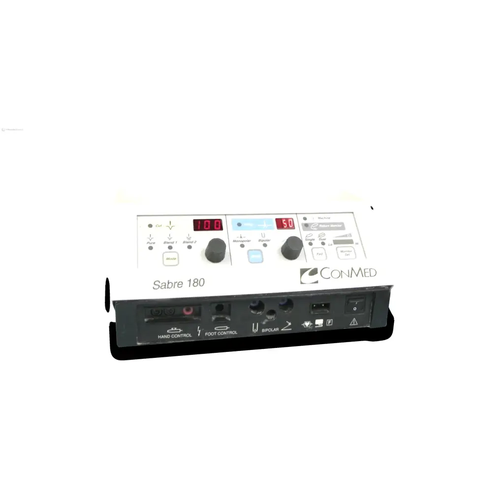 Conmed sabre 180 white electrosurgical unit with black control knobs and digital displays medium-powered generator delivers