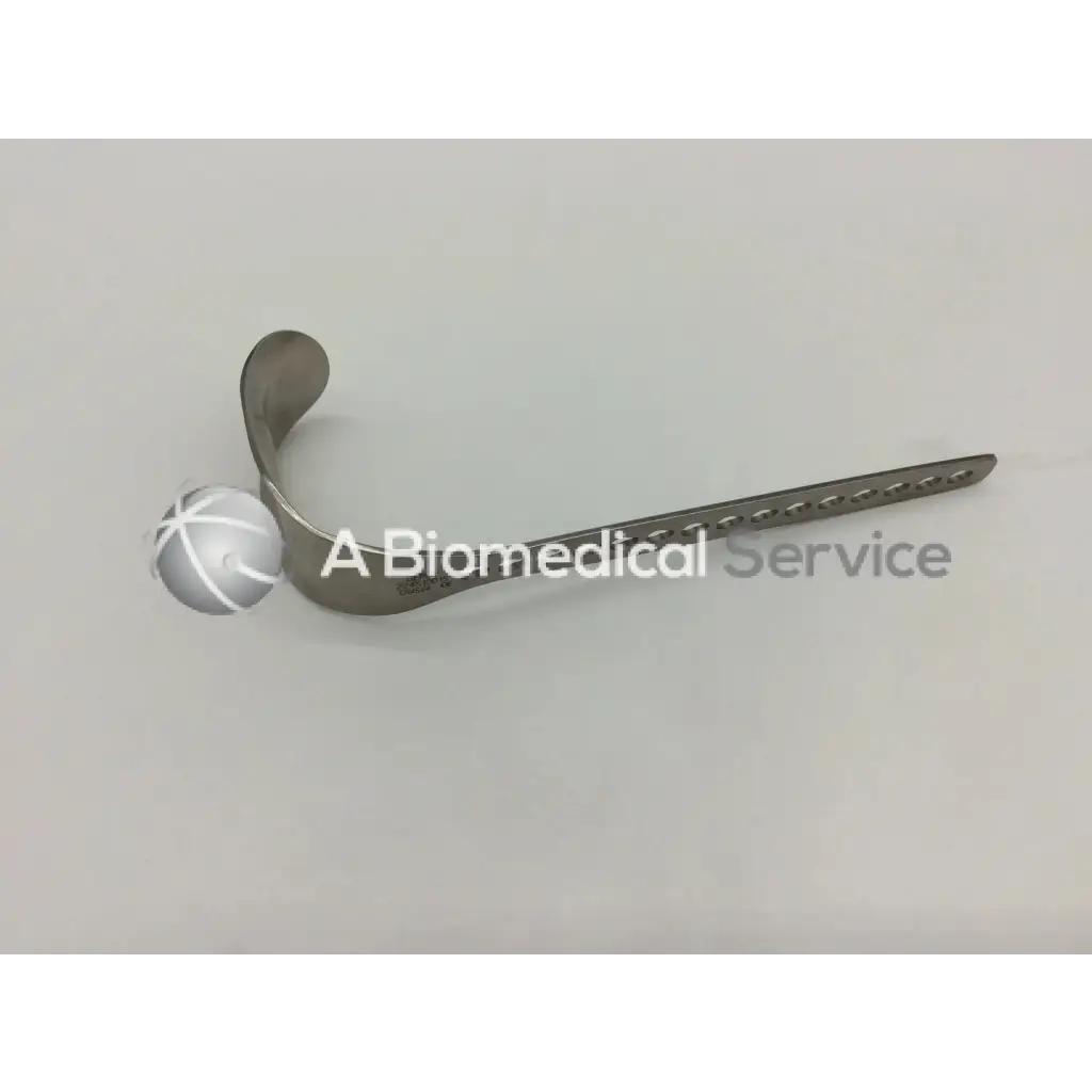 Silver depuy 224510015 surgical retractor with curved hollow handle and perforated straight blade for precise tissue retraction