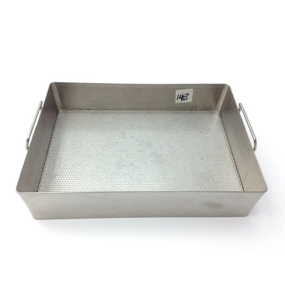 Rectangular dittmar stainless tray with perforated mesh bottom and side handles in stainless steel finish