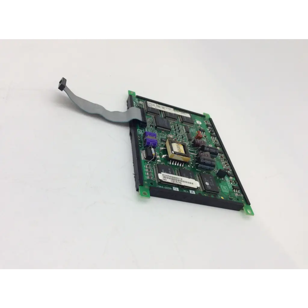 Green printed circuit board of el320.240.36 display planar with black gold components and gray ribbon cable bbcc1-8