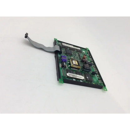 Green printed circuit board of el320.240.36 display planar with black gold components and gray ribbon cable bbcc1-8