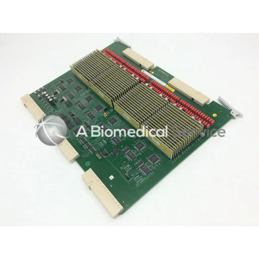Green circuit board with integrated circuits heat sinks and red connectors for ge vivid 7 tx128 transmitter board fc200022-01