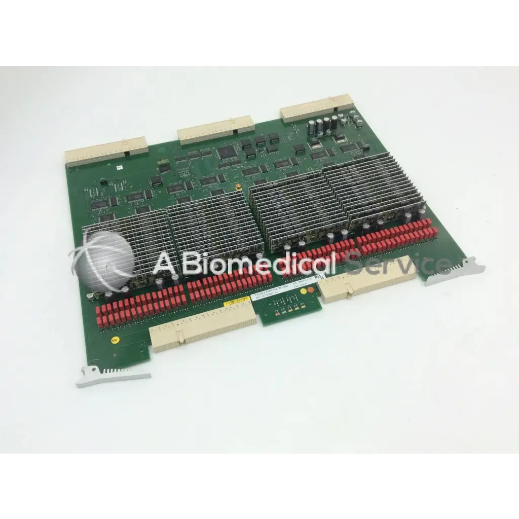 Green circuit board with red and black components heat sinks and beige connectors for ge vivid 7 tx128 transmitter board fc200022-01