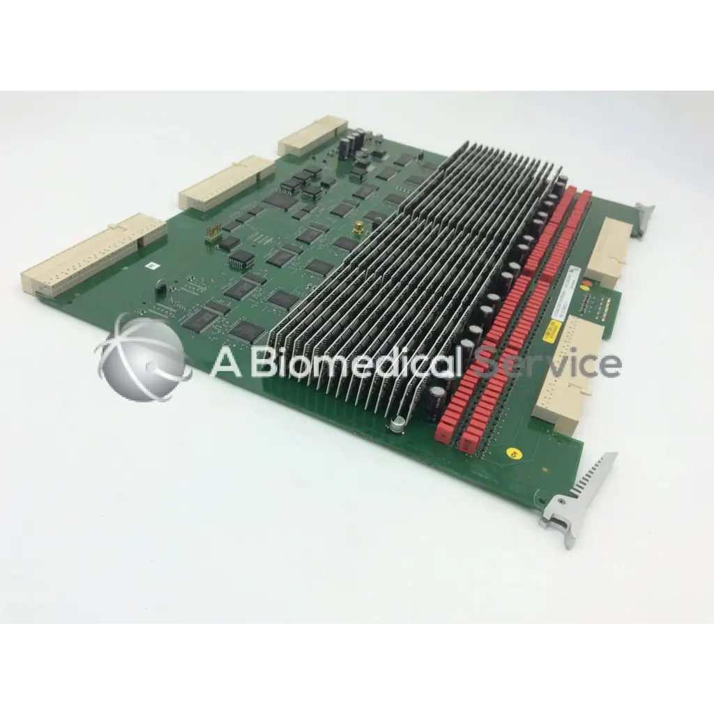 Green circuit board of ge vivid 7 tx128 transmitter board fc200022-01 with black red components beige connectors and silver heat sink