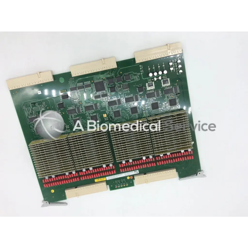 Green circuit board with black integrated circuits red connectors and metallic heat sinks for GE Vivid 7 TX128 transmitter board FC200022-01