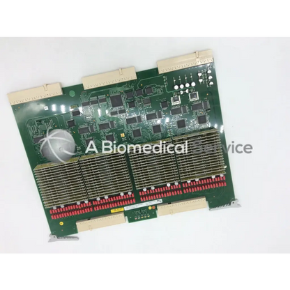 Green circuit board with black integrated circuits red connectors and metallic heat sinks for GE Vivid 7 TX128 transmitter board FC200022-01