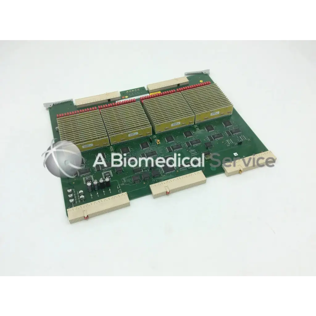 Green circuit board of ge vivid 7 tx128 transmitter board fc200022-01 with three gold heat sinks and beige connectors